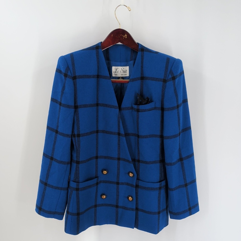 Le Suit Paris New York Plaid Double Breasted Coat Blazer Royal Blue Size 6